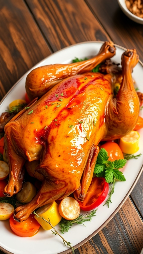 A perfectly roasted duck with crispy skin, garnished with herbs and surrounded by vegetables on a rustic table.
